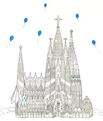 Fine hand drawn detail of Sagrada Familia, black and white line drawing with a touch of blue, with several balloons floating in the sky