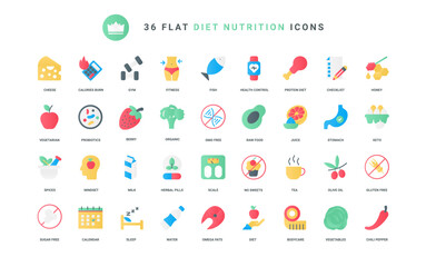 Organic food and fitness, vegetarian lifestyle and mindset, measuring calories and balance of fat and proteins, health calendar. Nutrition diet trendy flat icons set vector illustration