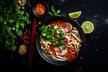 hot chinese japanese meal soup asian food background noodle vegetable bowl. Generative AI.