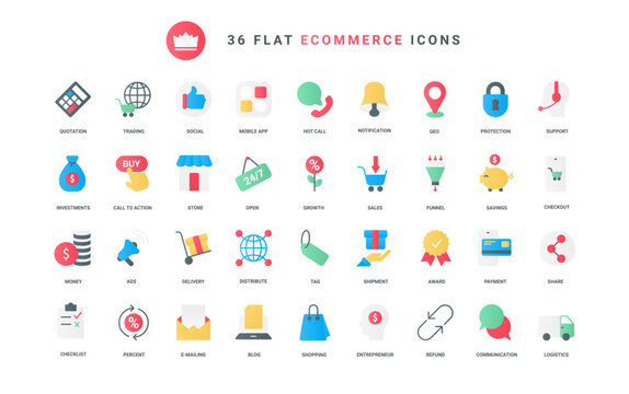 Commerce, business investment and online payment, delivery and logistics, advertising of discount percent in blog. Ecommerce, shopping technology trendy flat icons set vector illustration.