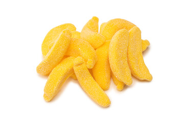 Juicy colorful jelly banana sweets isolated on white.
