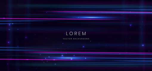 Abstract technology futuristic glowing blue and pink light lines with high-speed effect on dark blue background.