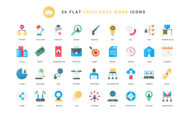 Online business meeting and conference, internet job with computer and laptop, coworking workplace and resume. Remote work in home office, freelance trendy flat icons set vector illustration