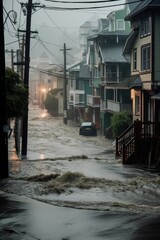 heavy rain and flooding on a coastal street, created with generative ai