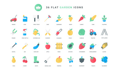 Electric equipment, gardening tools with handle to care farm plants and lawn grass, vegetables and fruit. Garden tools and agriculture trendy flat icons set vector illustration