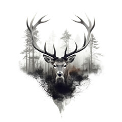 Wild Symphony: Double Exposure of a Majestic Deer Head Amidst a Lush Forest, Generative AI