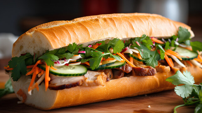 Flavors Unleashed: Generative AI Presents a Vibrant Baked Banh Mi Sandwich with Savory Delights