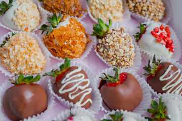 Close up: different fresh chocolate covered strawberries. Romantic, holiday, gift, confectionery and Valentine Day concept