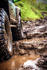 Fototapeta na wymiar close-up of muddy off-road tires on rocky terrain, created with generative ai
