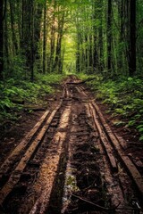 Fototapeta premium tire tracks on a rugged dirt path in the forest, created with generative ai
