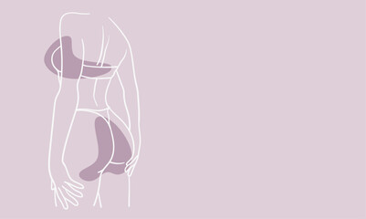 Body woman white line art drawing with shape on pink background. Minimal design. Vector outline illustration