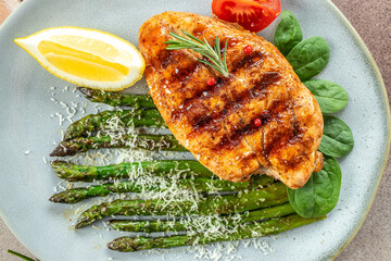 Grilled chicken fillet and vegetables. superfood concept. Healthy, clean eating. place for text, top view