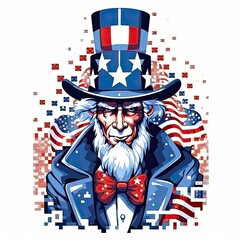 Uncle Sam, illustration for American Independence Day, 4th of July. Red, blue, white. Generative AI