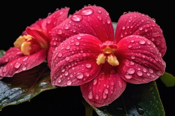 colorful medinilla magnifica flowers with raindrops, created with generative ai