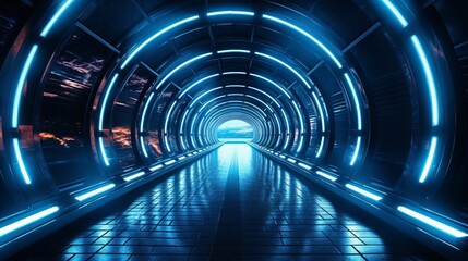 Underground tunnel with blue lights Generative AI