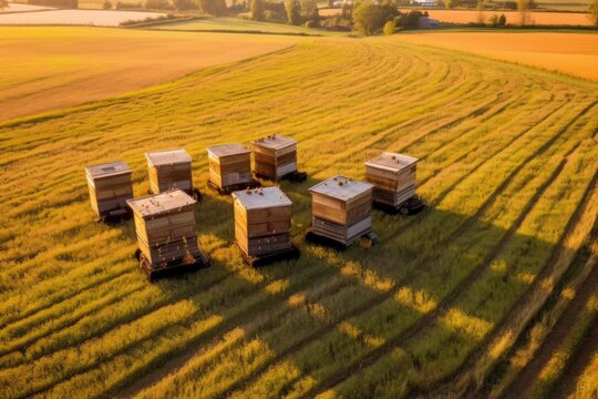 aerial view of stacked beehives in a field, created with generative ai