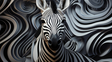 monochromatic portrait of a zebra looking at the camera with abstract, wavy background