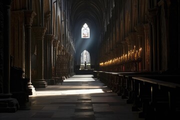 Obraz premium atmospheric view of long, shadowy nave, created with generative ai