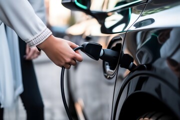 Naklejka premium Closeup woman holding EV charger plug from public charging station for electric vehicle with background of residential building as concept eco-friendly sustainability energy car concept