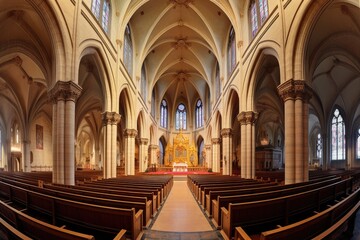 panoramic view of the expansive nave and altar, created with generative ai