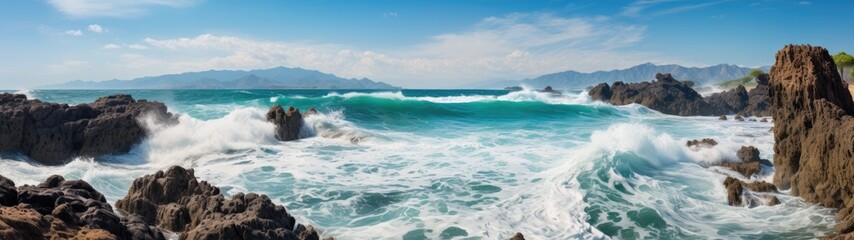 Naklejka na ściany i meble waves crashing waves on a rocky beach