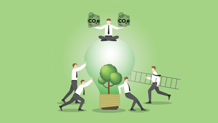 A businessman sits and holds CO2e gas on a tree lightbulb with team support. Carbon emission, ESG idea, Environmental policy, Green energy, Eco-friendly, Sustainability and nature concern concept.