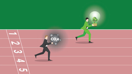 An advantage businessman holds a tree light bulb and a follower holds CO2e gas, run on racetrack. ESG competition, Environmental policy, Green business, Eco-friendly, Sustainable and nature concern.