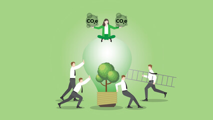 A businessman sits and holds CO2e gas on a tree lightbulb with team support. Carbon emission, ESG idea, Environmental policy, Green energy, Eco-friendly, Sustainability and nature concern concept.