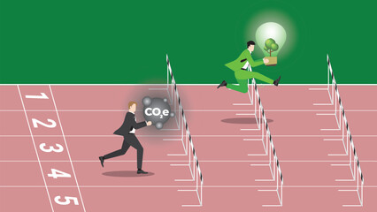 An advantage businessman holds a tree light bulb and a follower holds CO2e gas, run on racetrack. ESG competition, Environmental policy, Green business, Eco-friendly, Sustainable and nature concern.