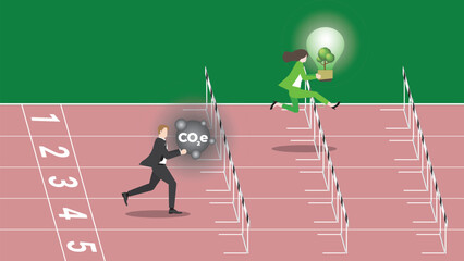 An advantage businesswoman holds a tree light bulb and a follower holds CO2e gas, run on racetrack. ESG competition, Environmental policy, Green business, Eco-friendly, Sustainable and nature concern.