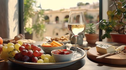 Fototapeta na wymiar Mediterranean + food and wine, ultra realistic, ultra detail, 8k, 85mm, stock photo, clean sharp focus