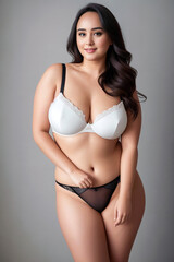 Curve  woman plus size model in lingerie on gray background. Generative AI