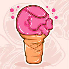 colorful line art strawberry flavour ice cream in cone