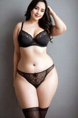 Curve  woman plus size model in lingerie on gray background. Generative AI