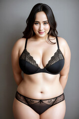 Fototapeta premium Curve woman plus size model in lingerie on gray background. Generative AI