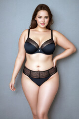Fototapeta premium Curve woman plus size model in lingerie on gray background. Generative AI