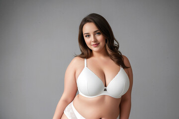 Fototapeta premium Curve woman plus size model in lingerie on gray background. Generative AI