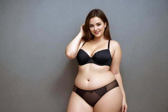 Curve  woman plus size model in lingerie on gray background. Generative AI