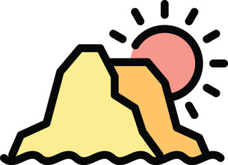 Island mountain icon outline vector. Sea lake sky. Island mountain sunrise color flat