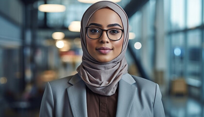 Fototapeta na wymiar Successful Muslim woman portrait at modern Office Portrait of Muslim Businesswoman Wearing Hijab. Empowered Digital Entrepreneur.
