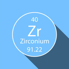 Zirconium symbol with long shadow design. Chemical element of the periodic table. Vector illustration.