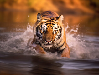 Fototapeta na wymiar male tiger wading determined gaze