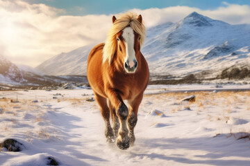 A highland pony gallops across snowy fields in the rural highlands of Scotland - obrazy, fototapety, plakaty