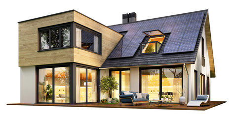 Modern house with solar panels on a transparent background - 616679226