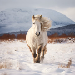 Obraz na płótnie Canvas A highland pony gallops across snowy fields in the rural highlands of Scotland