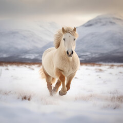 Naklejka na ściany i meble A highland pony gallops across snowy fields in the rural highlands of Scotland
