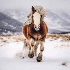 A highland pony gallops across snowy fields in the rural highlands of Scotland