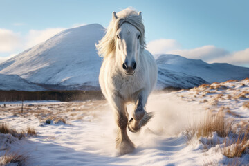 A highland pony gallops across snowy fields in the rural highlands of Scotland - obrazy, fototapety, plakaty