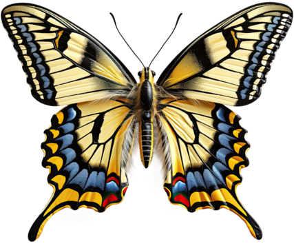 PNG colorful butterfly isolated on transparent background. Papilio machaon. Old world swallowtail. Digital illustration
