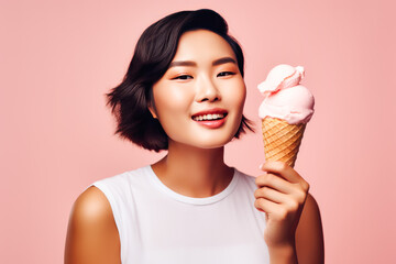 Beautiful Woman Eating an Ice Cream on a Pink Background. Generative AI.	